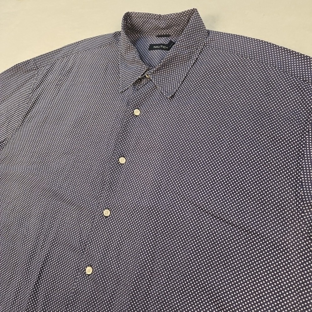VTG Nautica Button Up Shirt Mens Size XXL S/S Blue White Polka Dot Print Cotton